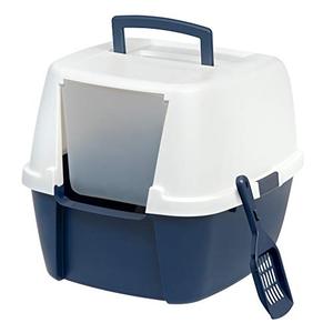 lot 31998 image: IRIS Jumbo Hooded Litter Box with Scoop, Navy