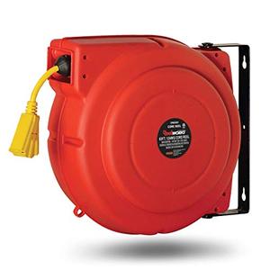 lot 37162 image: ReelWorks Extension Cord Reel Retractable 12AWG x 65 Foot 3CSJT Heavy Duty Commercial Cable Triple Tap Connector Power 15A 125VAC 1875W