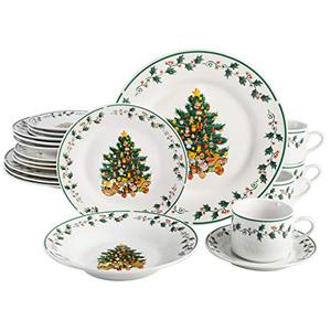 lot 37163 image: Gibson Home Tree Trimming 20-Piece Ceramic Dinnerware Set, WhiteGreenRed -
