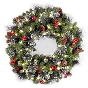 lot 37171 image: National Tree Company Pre-Lit Artificial Christmas Wreath, Green, Crestwood Spruce, White Lights, Decorated with Pine Cones, Berry Clusters, Frosted Branches, Christmas Collection, 24 Inches