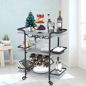 lot 37178 image: Jubao Bar Serving Cart Mobile Kitchen Trolley Wine Cart, 3 Tiers Storage Shelf with Glass Holder, Wine Rack, Locking Casters, Dark Grey Finish Top and Black Metal Frame, Indoor and Outdoor