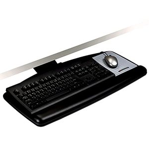 lot 37207 image: 3M Under Desk Keyboard Tray, Turn Knob to Adjust Height and Tilt to Enhance Comfort and Ergonomics, Sturdy Tray with Gel Wrist Rest and Precise Mouse Pad, Stores Under Desk, 17 Track, Black (AKT60LE)