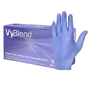 lot 37213 image: Vinyl Powder Free Disposable Gloves, Violet Blue, Medium, 10 Boxes per case, 100 Gloves per Box