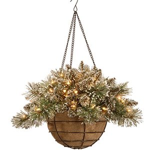 lot 37232 image: National Tree Company Pre-Lit Artificial Christmas Hanging Basket, Glittery Bristle Pine, Decorated With Frosted Pine Cones, White LED Lights, Christmas Collection, 20 Inches
