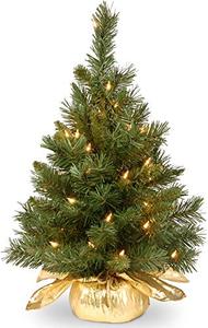 lot 37233 image: National Tree Company Pre-lit Artificial Mini Christmas Tree  Includes Small Lights and Cloth Bag Base  Majestic Fir - 2 ft