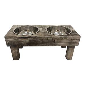 lot 37238 image: Huntley Equestrian Pet Berjen Table Elevated Double Bowl Pet Feeder, Brown Wash (Large) (02189)
