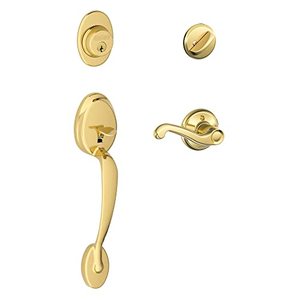 lot 37242 image: Schlage F60 V PLY 505 FLA 605 Plymouth Front Entry Handleset with Flair Lever Deadbolt Keyed 1 Side, Bright Brass