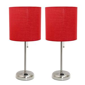 lot 37253 image: Limelights LC2001-RED-2PK Stick Charging Outlet Fabric Shade 2 Pack Table Lamp Set, Brushed SteelRed, 2 Count