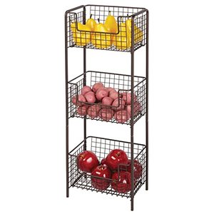 lot 37255 image: mDesign 3 Tier Vertical Standing Kitchen Pantry Food Shelving Unit - Decorative Metal Storage Organizer Tower Rack with 3 Basket Bins to Hold and Organize Fruit, Potatoes, Snacks - Bronze