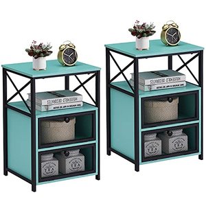 lot 39265 image: VECELO End Table with flip Drawer and X-Design Side, Modern Style and studry Nightstand for Bedroom Office, Easy Assembly, Set of 2, Blue