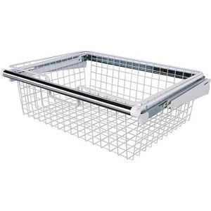 lot 41734 image: RubberMaid - Metal Wire Sliding Storage Basket for Closet Organizer Kits - White, (Bent On Every Side