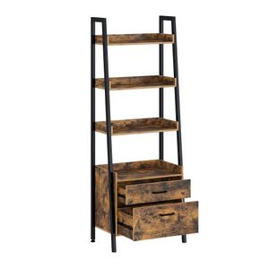 lot 41813 image: Rolanstar Ladder Shelf with 2 Drawers, 4 Tier Ladder Bookshelf, Wood Utility Organizer Shelves with Metal Frame, Freestanding Display Bookcase for Living Room, Home Office, Rustic Brown