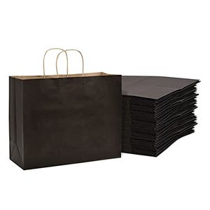 lot 99607 image: Black Paper Bags with Handles �� 16x6x12 inches 100 Pcs. Paper Shopping Bags, Bulk Gift Bags, Kraft, Party, Favor, Goody, Take-Out, Merchandise, Retail Bags, 80% PCW Vogue Size Large