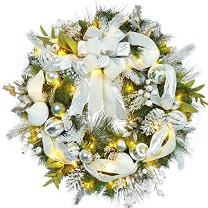lot 99612 image: Adeeing Christmas Wreath, 30 Inch Outdoor Christmas Wreath for Front Door, Battery Operated Xmas Wreath with Silver White Ball Ornaments Bows and 40 LED Lights for Home Holiday Decor
