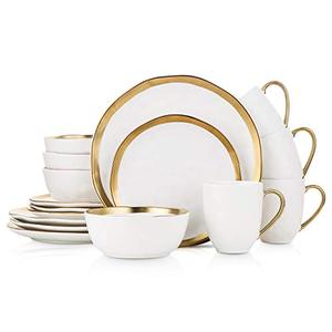 lot 99638 image: Stone Lain Porcelain 16 Piece Dinnerware Set, Service for 4, White and Golden Rim