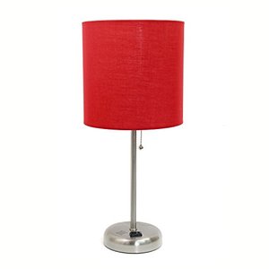 lot 99651 image: Limelights LT2024-RED Stick Charging Outlet and Fabric Table Lamp, 19.50 x 8.50 x 8.50 inches, Brushed Steel BaseRed Shade
