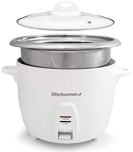 lot 99653 image: Elite Gourmet ERC-2010 Electric Rice Cooker with Stainless Steel Inner Pot Makes Soups, Stews, Grains, Cereals, Keep Warm Feature, 10 cups cooked (5 Cups uncooked), White