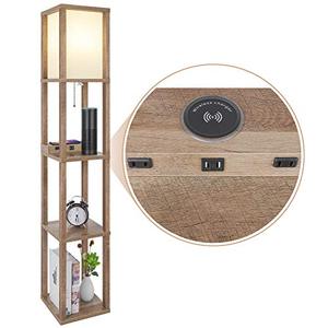 lot 99623 image: Modern LED Shelf Floor Lamp with Wireless Charger & 2 Fast Charging USB Ports & 2 Power Outlets, 3 Tier Storage Display Standing Lamp Narrow Corner Nightstand Light for Bedroom Living Room