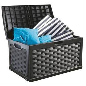 lot 62750 image: 71 Gallon Rattan Deck Box, Black Retail$78.48