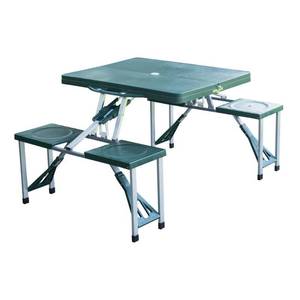 lot 62782 image: Outsunny 4 Person Plastic Portable Compact Folding Suitcase Picnic Table Set With Umbrella Hole - Green Retail$96.24