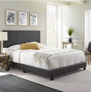 lot 62795 image: Boyd Sleep Montana Upholstered Platform Bed Frame Mattress Foundation with Headboard and Strong Wood Slat Supports Faux Leather, Black, King