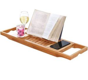 lot 62804 image: DOZYANT Bamboo Bathtub Tray Caddy Wooden Bath Tray Table with Extending Sides, Reading Rack, Tablet Holder, Cellphone Tray and Wine Glass Holder