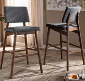 lot 62876 image: MID CENTURY FABRIC UPHOLSTERED BARSTOOL, DARK GREY & WALNUT