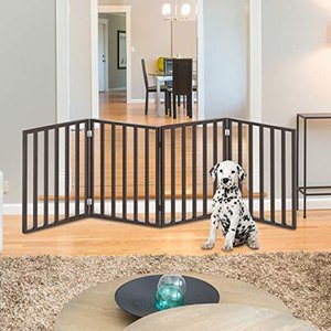 lot 3003 image: PETMAKER Wooden Pet Gate- Foldable 4-Panel Indoor Barrier Fence, Freestanding & Lightweight Design for Dogs, Puppies, Pets- 72 X24 (Brown Stain)