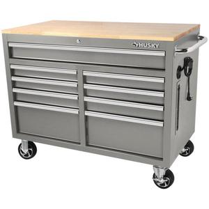 lot 2799 image: Husky Gray Metal Wood Top Workbench On Wheels, 46Wx24.5Lx37H Inches - Retail $429.00