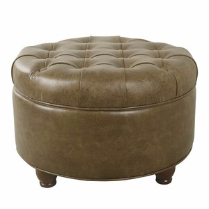 lot 203 image: Large Tufted Round Storage Ottoman Faux Leather Distressed Brown - HomePop