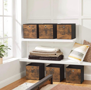 lot 510 image: SONGMICS Foldable Storage Organizer Boxes, Set of 6 Clothes Organizer, Toy Bins, with Non-Woven Fabric, Oxford Fabric, Rustic Brown and Black