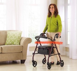 lot 567 image: Medline Steel Rollator Walker, Folding Rolling Walker, 6 Wheels, 350lb Weight Capacity, Burgundy Red Frame