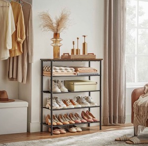lot 7553 image: VASAGLE Shoe Rack 5 Tier, Narrow Shoe Organizer for Closet Entryway, with 4 Fabric Shelves and Top for Bags, Shoe Shelf, Steel Frame, Industrial, Rustic Brown and Black ULBS036B01