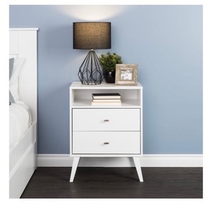 lot 168 image: Prepac Milo Mid Century Modern 2-Drawer Tall Nightstand with Open Shelf, White