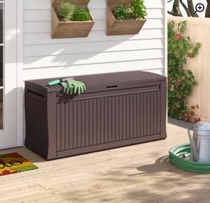 lot 189 image: Keter Comfy 71 Gallon Resin Plastic Wood Look All Weather Outdoor Storage Deck Box, Brown