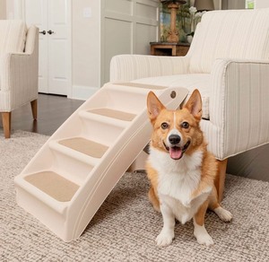 lot 221 image: PetSafe CozyUp Folding Pet Steps - Pet Stairs for IndoorOutdoor at Home or Travel - Dog Steps for High Beds - Dog Stairs with Siderails, Non-Slip Pads - Durable, Support up to 150 lbs - Large, Tan