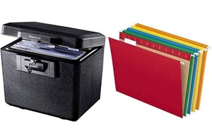 lot 241 image: SentrySafe 1170 Fireproof Box with Key Lock 0.61 Cubic Feet,Black & Pendaflex Hanging File Folders, Letter Size, Assorted Colors, 15-Cut Adjustable Tabs, 25 Per Box (81663)