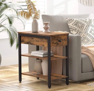 lot 7579 image: HOOBRO End Table, Simple Rustic Side Table with 3-Tier Storage Shelf, Narrow Nightstand for Small Spaces, Easy Assembly, for Living Room, Entryway, Metal, Industrial Design, Rustic Brown