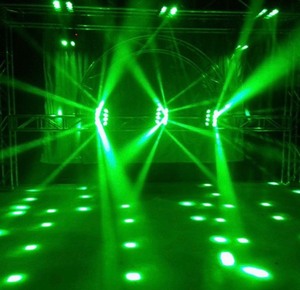 lot 7583 image: Moving Head DJ Lights 2 Pack, 8 LED Spider Stage Lights Sound Activated DMX Lighting, RGBW Moving Head Stage Lights DJ Disco Lights for Party, Church, Event, Concert, Club Lighting