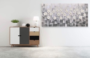 lot 7588 image: Yihui Arts Canvas Wall Art Grey and White Flowers Pictures Bloosom Modern Floral Pallet Knife Painting Framed for Bedroom Kitchen Dinning Room Living Room Office Home Decor