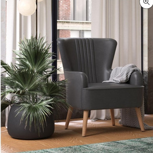 lot 50016 image: Queer Eye Wynn Accent Chair, Living Room Armchair, Dark Gray Faux Leather