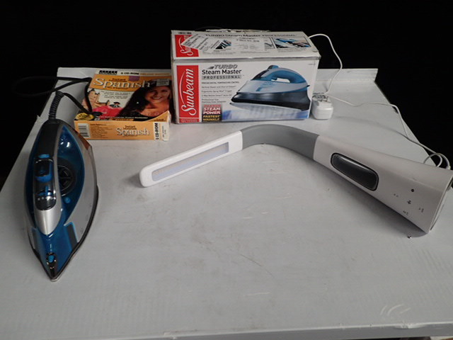 lot 1275A image: Misc Lot of Irons, Fan with Lights and Spanish Book