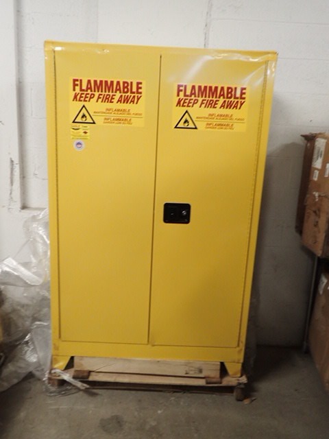 lot 1077 image: Eagle 4510LEGS Tower Safety Cabinet for Flammable Liquids, 2 Door Self Close, 45 gallon, 69Height, 43Width, 18Depth, Steel, Yellow