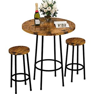 lot 10024 image: BARTABLE ONLY Recaceik 3 Piece Pub Dining Set, Modern Round bar Table and Stools for 2 Kitchen Counter Height Wood Top Bistro Easy Assemble for Breakfast Nook Living Room Small Space Restaurant, Rustic Brown 23