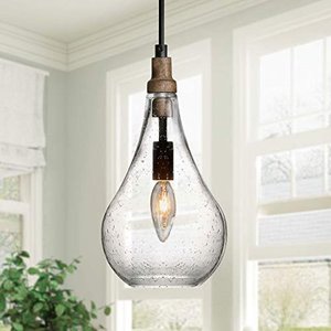 lot 10038 image: KSANA Wood and Glass Pendant Light for Kitchen Island and Dining Room Farmhouse, Seeded, Black