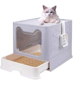 lot 10040 image: OCDAY Large Cat Litter Box with Lid, Foldable Cat Litter Box ��with Cat Litter Scoop, Drawer Type Cat Litter Pan Easy to Scoop & Clean, Self Cleaning Cat Litter Box