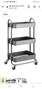 lot 10127 image: Amazonbasics 3 Tier Basket Rolling Cart Wood Top Home Kitchen Durable Metal Room