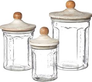 lot 10161 image: Mud Pie Glass Canister Set, small 7 12 x 4 dia  medium 9 12 x 5 14 dia 