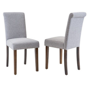 lot 31375 image: Merax Fabric Dining Chairs with Nailhead and Solid Wood Legs, Set of 2