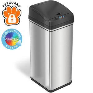 lot 31397 image: iTouchless - 13 Gallon Touchless Sensor Trash Can with Pet-Proof Lid and AbsorbX Odor Control, Stainless Steel Automatic Kitchen Bin - Silver
